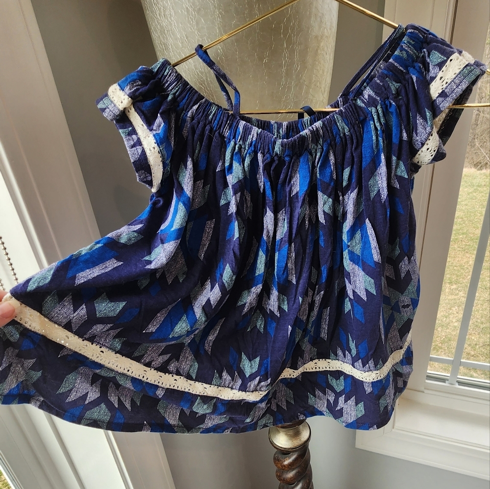 Abstract Blue and White Peasant Blouse with Ruffled Sleeves